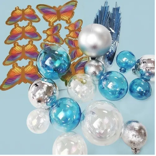 Clear, Blue & Silver Deco Ball, Fan & Butterfly Topper 27 Piece Set ...